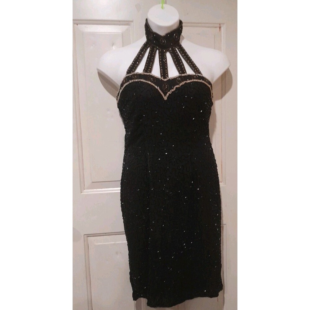 Vintage Linsiano Beaded Dress with Gold Detail Choker, Black, Sz L